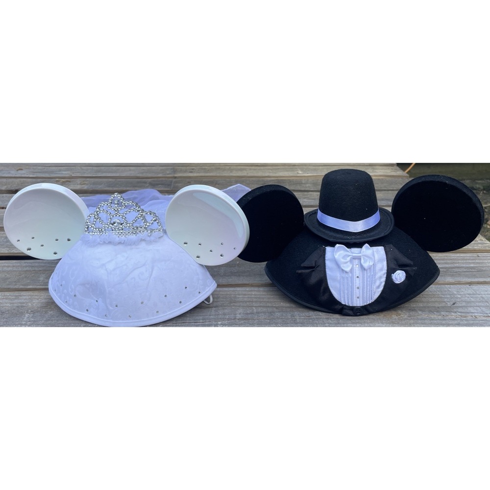 Disney Parks Mickey & Minnie Mouse Wedding Groom and Bride Ears Hat Set Tuxedo